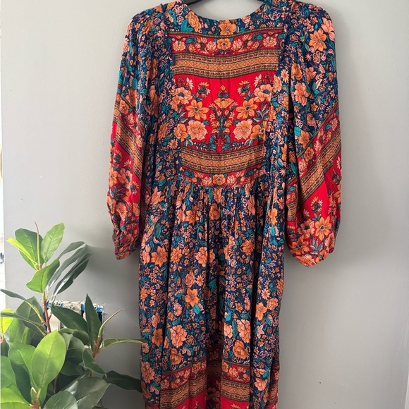 Orange Tiered Midi Sundress with Bishop Sleeves - Picture 3 of 6